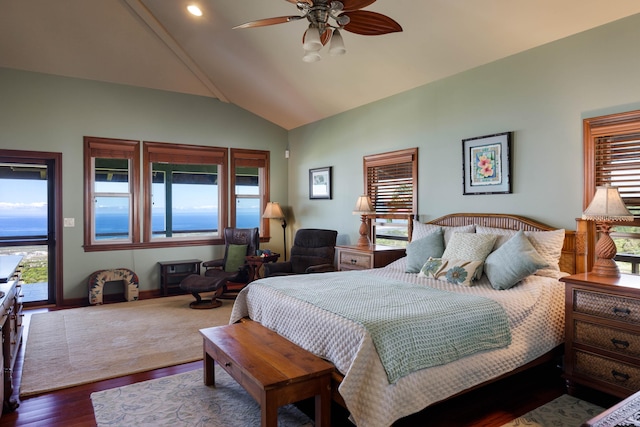 74-1026 Lawaia Rd, Holualoa, HI 96725 - bedroom featuring wood finished floors, multiple windows, lofted ceiling, a ceiling fan, and recessed lighting