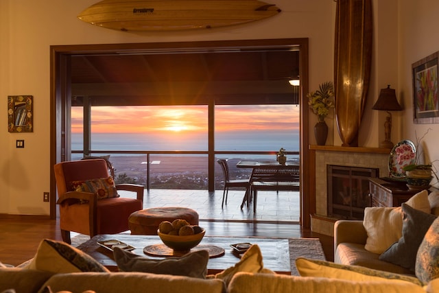 74-1026 Lawaia Rd, Holualoa, HI 96725 - living room featuring wood finished floors, a tiled fireplace, a water view, and baseboards