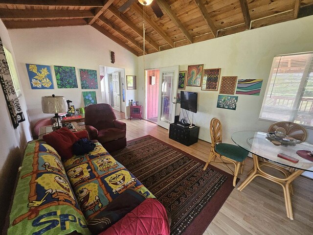 16-1745 35th Ave, Kurtistown, HI 96760 - living area featuring wood finished floors, wood ceiling with exposed beams, high vaulted ceiling, and a ceiling fan