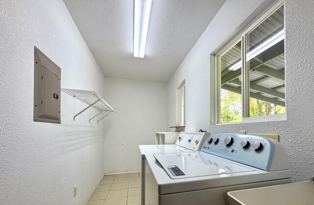 15-2689 Maikoiko St, Pahoa, HI 96778 - laundry area with electric panel, separate washer and dryer, a textured wall, and a textured ceiling