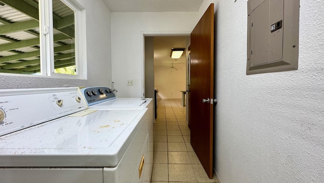 15-2689 Maikoiko St, Pahoa, HI 96778 - laundry area with washing machine and clothes dryer, light tile patterned flooring, electric panel, and a textured wall