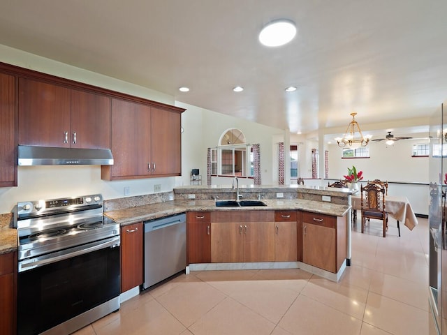 2089 Kinoole St, Hilo, HI 96720 - kitchen featuring stainless steel appliances, under cabinet range hood, a sink, a peninsula, and a chandelier