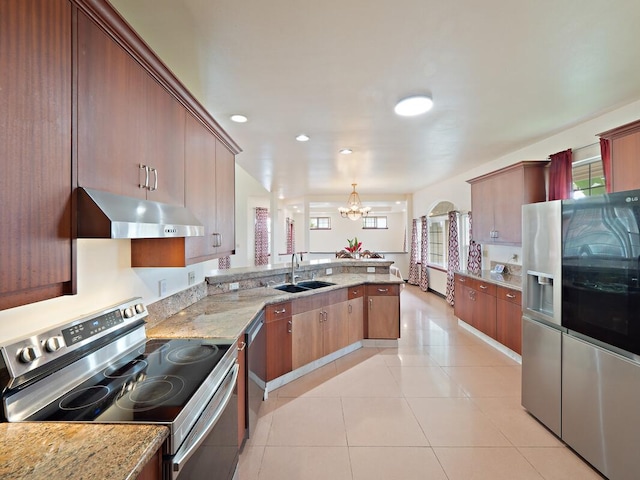 2089 Kinoole St, Hilo, HI 96720 - kitchen with stainless steel appliances, under cabinet range hood, a chandelier, a peninsula, and a sink