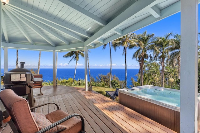 39-3298 Old Mamalahoa Hwy, Ookala, HI 96774 - wooden deck featuring a hot tub and a water view