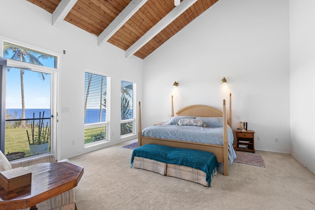 39-3298 Old Mamalahoa Hwy, Ookala, HI 96774 - carpeted bedroom with wood ceiling with exposed beams, access to exterior, multiple windows, high vaulted ceiling, and a water view