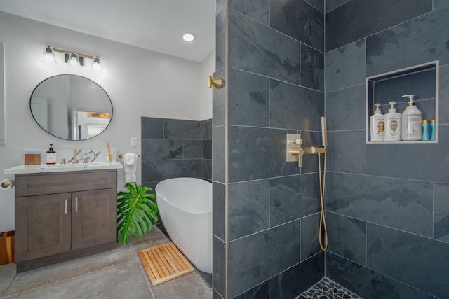 11-3366 Pa Alii St, Volcano, HI 96785 - full bath featuring vanity, a freestanding tub, walk in shower, concrete flooring, and recessed lighting