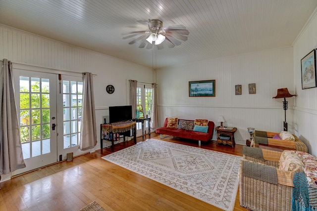 338 Kauila St, Hilo, HI 96720 - living room with ceiling fan, wood finished floors, french doors, and ornamental molding