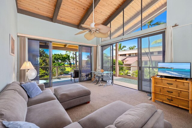 78-6800 Alii Dr Unit 6301, Kailua-Kona, HI 96740 - carpeted living room featuring wood ceiling with exposed beams, a ceiling fan, and high vaulted ceiling