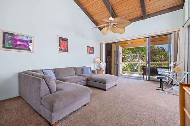 78-6800 Alii Dr Unit 6301, Kailua-Kona, HI 96740 - carpeted living area featuring wood ceiling with exposed beams, a ceiling fan, and high vaulted ceiling