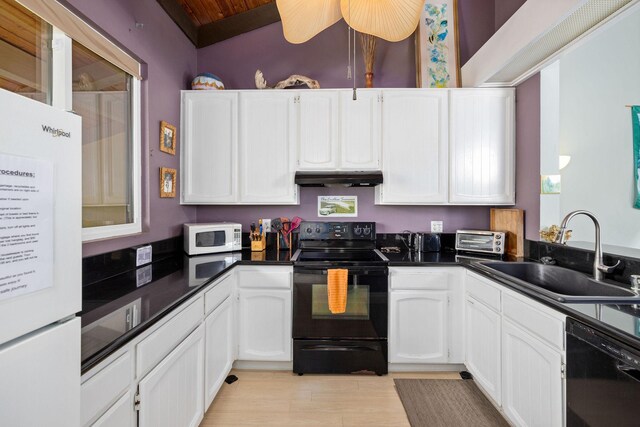 78-6800 Alii Dr Unit 6301, Kailua-Kona, HI 96740 - kitchen with black appliances, a sink, under cabinet range hood, dark countertops, and white cabinets
