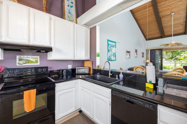 78-6800 Alii Dr Unit 6301, Kailua-Kona, HI 96740 - kitchen with black appliances, a sink, under cabinet range hood, dark countertops, and wood ceiling
