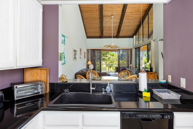 78-6800 Alii Dr Unit 6301, Kailua-Kona, HI 96740 - kitchen featuring black dishwasher, dark countertops, wooden ceiling, a sink, and white cabinets