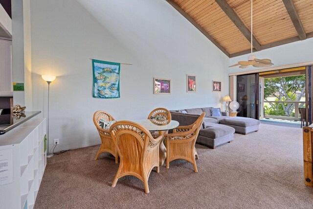78-6800 Alii Dr Unit 6301, Kailua-Kona, HI 96740 - carpeted dining space with wooden ceiling with exposed beams and high vaulted ceiling