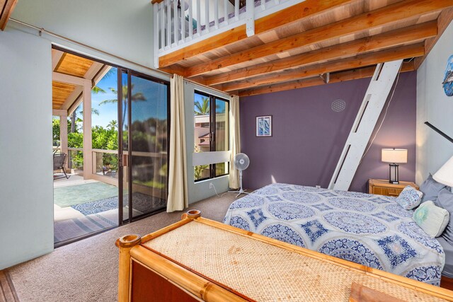 78-6800 Alii Dr Unit 6301, Kailua-Kona, HI 96740 - carpeted bedroom featuring access to exterior and beam ceiling