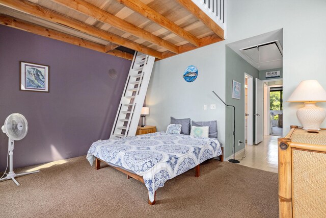 78-6800 Alii Dr Unit 6301, Kailua-Kona, HI 96740 - bedroom featuring attic access, carpet flooring, beamed ceiling, and baseboards