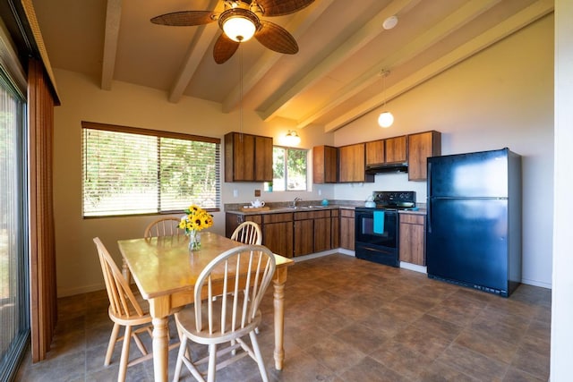 87-3219 Boki Rd, Captain Cook, HI 96704 - kitchen featuring black appliances, under cabinet range hood, brown cabinetry, beamed ceiling, and a ceiling fan