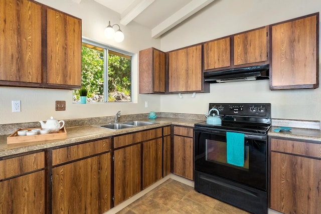 87-3219 Boki Rd, Captain Cook, HI 96704 - kitchen featuring black range with electric stovetop, under cabinet range hood, a sink, beamed ceiling, and brown cabinets