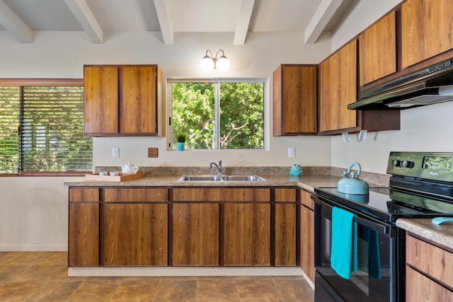 87-3219 Boki Rd, Captain Cook, HI 96704 - kitchen featuring electric stove, a sink, under cabinet range hood, beam ceiling, and brown cabinetry