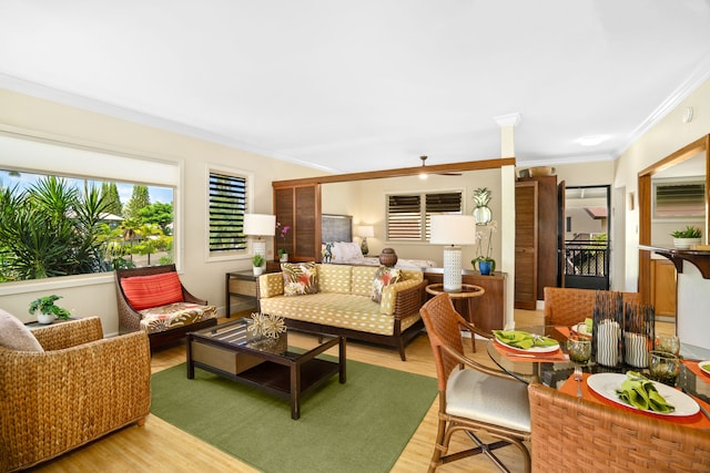 5-7130 Kuhio Hwy Unit M4, Hanalei, HI 96714 - living area featuring light wood-style floors, crown molding, and a ceiling fan