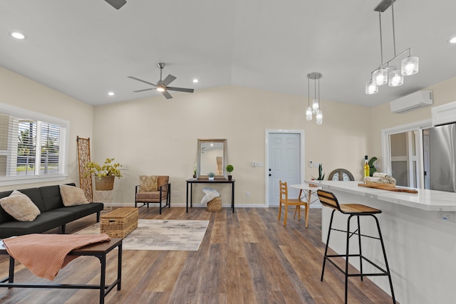 3905 Kila Pl, Hilo, HI 96720 - living area with a wall mounted AC, ceiling fan, dark wood-type flooring, lofted ceiling, and baseboards