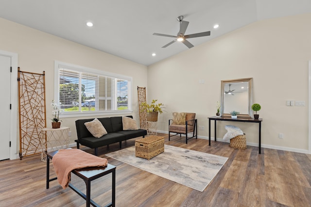 3905 Kila Pl, Hilo, HI 96720 - living room with a ceiling fan, vaulted ceiling, wood finished floors, baseboards, and recessed lighting