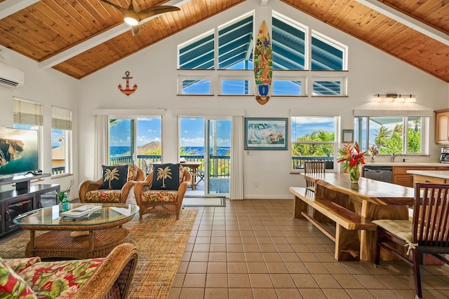 1650 Makanui Rd, Koloa, HI 96756 - living area with a wooden ceiling with exposed beams, high vaulted ceiling, light tile patterned floors, and an AC wall unit