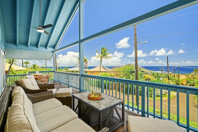 1650 Makanui Rd, Koloa, HI 96756 - sunroom with an outdoor living space, a water view, ceiling fan, and beam ceiling