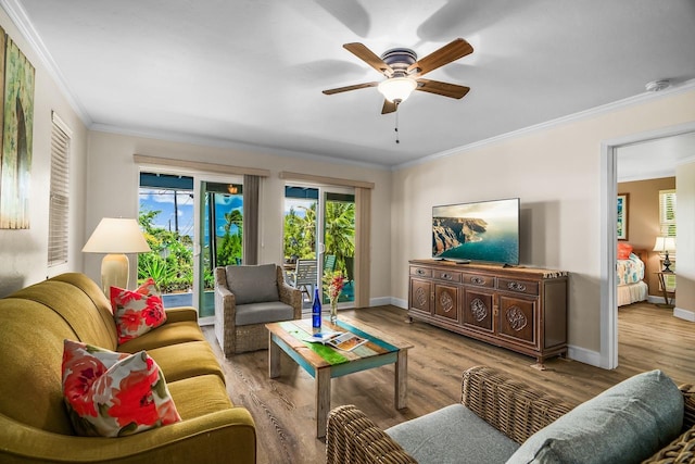 1650 Makanui Rd, Koloa, HI 96756 - living room featuring plenty of natural light, ornamental molding, a ceiling fan, and wood finished floors