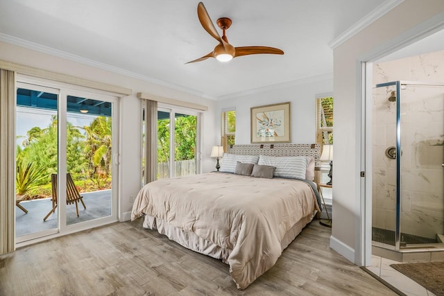 1650 Makanui Rd, Koloa, HI 96756 - bedroom with access to outside, ornamental molding, light wood-type flooring, connected bathroom, and a ceiling fan
