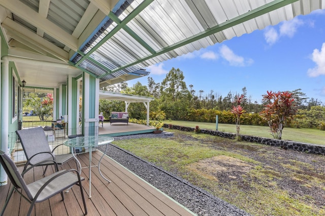 16-484 Laniuma St, Keaau, HI 96749 - wooden deck with a patio area and a yard