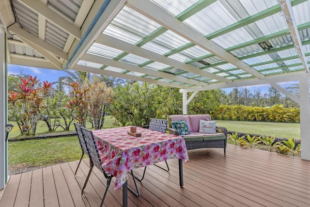 16-484 Laniuma St, Keaau, HI 96749 - wooden deck featuring a pergola, a yard, an outdoor hangout area, view of scattered trees, and outdoor dining area