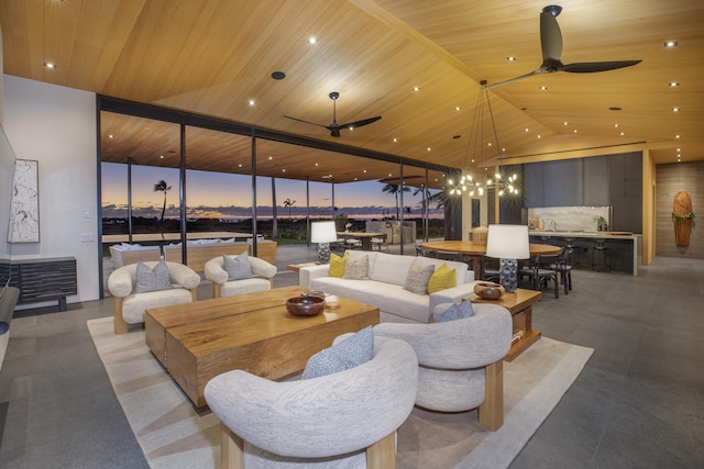73-2210 Ala Kohanaiki, Kailua Kona, HI 96740 - living room featuring wood ceiling, ceiling fan, and a wall of windows