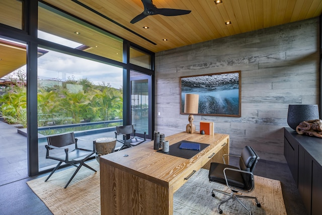 73-2210 Ala Kohanaiki, Kailua Kona, HI 96740 - office area featuring wood walls, a wall of windows, wooden ceiling, a ceiling fan, and recessed lighting