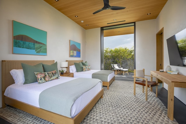 73-2210 Ala Kohanaiki, Kailua Kona, HI 96740 - bedroom with wood ceiling, a wall of windows, and access to outside