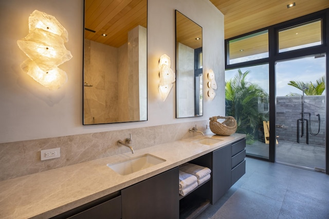 73-2210 Ala Kohanaiki, Kailua Kona, HI 96740 - full bath with wooden ceiling, double vanity, a shower with shower door, and a wall of windows