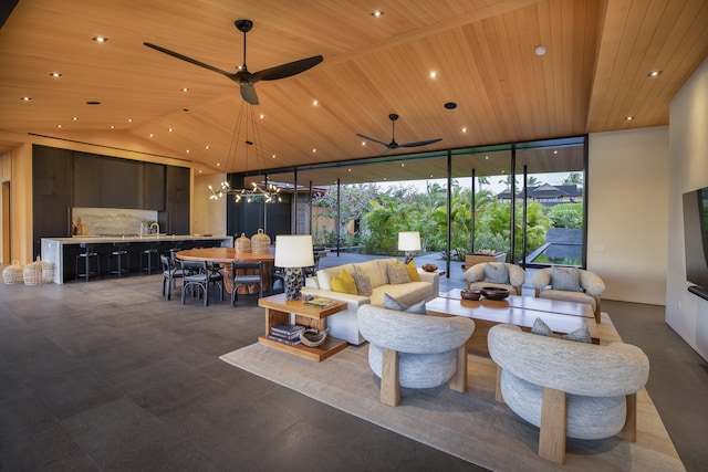 73-2210 Ala Kohanaiki, Kailua Kona, HI 96740 - living area featuring floor to ceiling windows, wood ceiling, healthy amount of natural light, ceiling fan, and recessed lighting