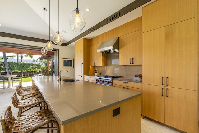 73-4461 Lemi Pl Unit 38, Kailua Kona, HI 96740 - kitchen with wall chimney range hood, a sink, high end stove, tasteful backsplash, and a large island