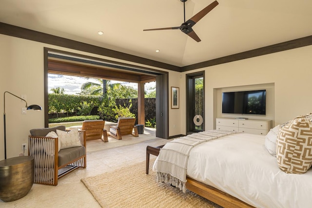 73-4461 Lemi Pl Unit 38, Kailua Kona, HI 96740 - bedroom featuring access to exterior, light tile patterned flooring, recessed lighting, and a ceiling fan