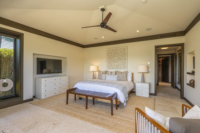 73-4461 Lemi Pl Unit 38, Kailua Kona, HI 96740 - bedroom featuring lofted ceiling, light tile patterned flooring, and ceiling fan