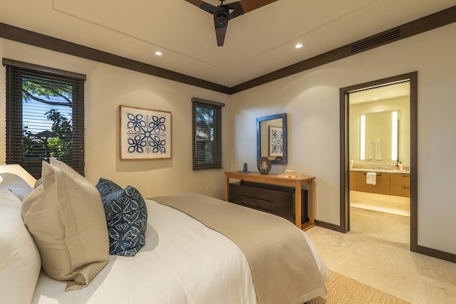 73-4461 Lemi Pl Unit 38, Kailua Kona, HI 96740 - bedroom with recessed lighting, baseboards, ensuite bath, and ceiling fan
