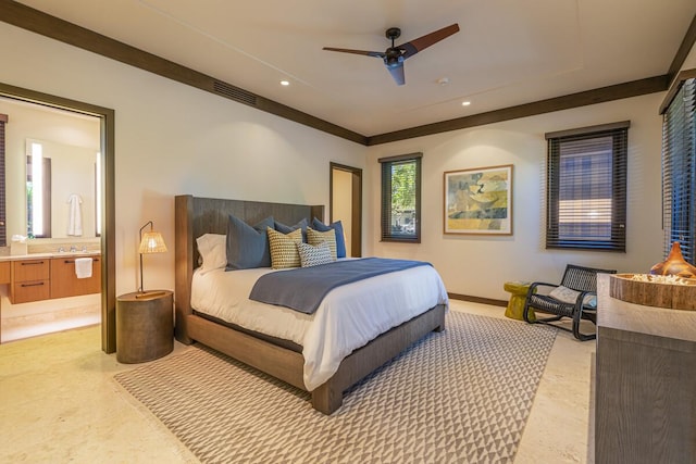 73-4461 Lemi Pl Unit 38, Kailua Kona, HI 96740 - bedroom with recessed lighting, ensuite bathroom, baseboards, and ceiling fan