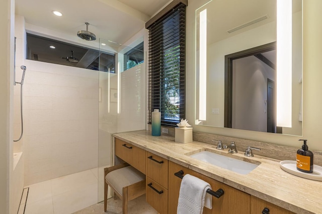 73-4461 Lemi Pl Unit 38, Kailua Kona, HI 96740 - full bath featuring vanity, walk in shower, recessed lighting, and tile patterned floors