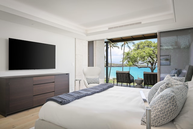 66-84 Kaunaoa Dr Unit C33, Kamuela, HI 96743 - bedroom featuring access to exterior, light wood-type flooring, and a tray ceiling