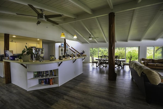 78-1337 Bishop Rd, Holualoa, HI 96725 - interior space featuring stainless steel refrigerator with ice dispenser, ceiling fan, open floor plan, and pendant lighting