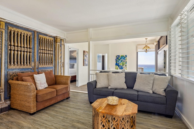 1711 Pee Rd, Koloa, HI 96756 - living area with wood finished floors, ornamental molding, a water view, and baseboards