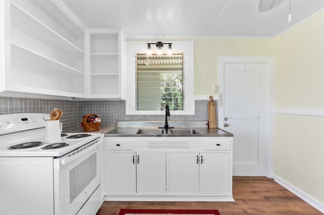 217 Haihai St, Hilo, HI 96720 - kitchen with stainless steel countertops, white electric range, white cabinetry, tasteful backsplash, and dark wood-type flooring