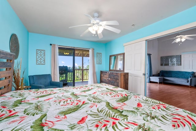 89-1444 Anapuka Rd, Captain Cook, HI 96704 - bedroom with access to outside, a ceiling fan, and wood finished floors