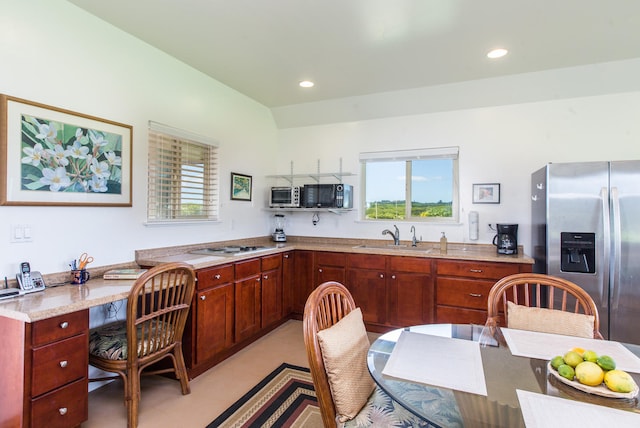 4737-C Koloa Rd Unit 6, Koloa, HI 96756 - kitchen featuring stainless steel fridge, a sink, black microwave, light countertops, and recessed lighting
