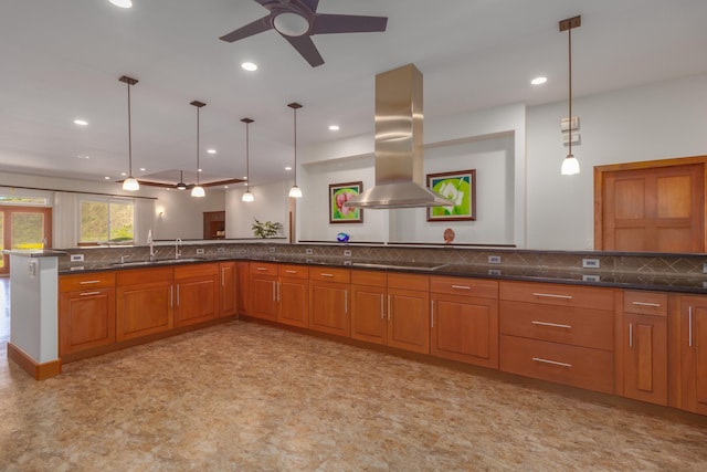 82-1171 Meli Rd, Captain Cook, HI 96704 - kitchen with island exhaust hood, brown cabinetry, backsplash, a sink, and hanging light fixtures