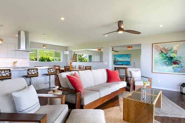 56-102 Old Coast Guard Rd, Hawi, HI 96719 - living room featuring wood finished floors, ceiling fan, recessed lighting, and baseboards